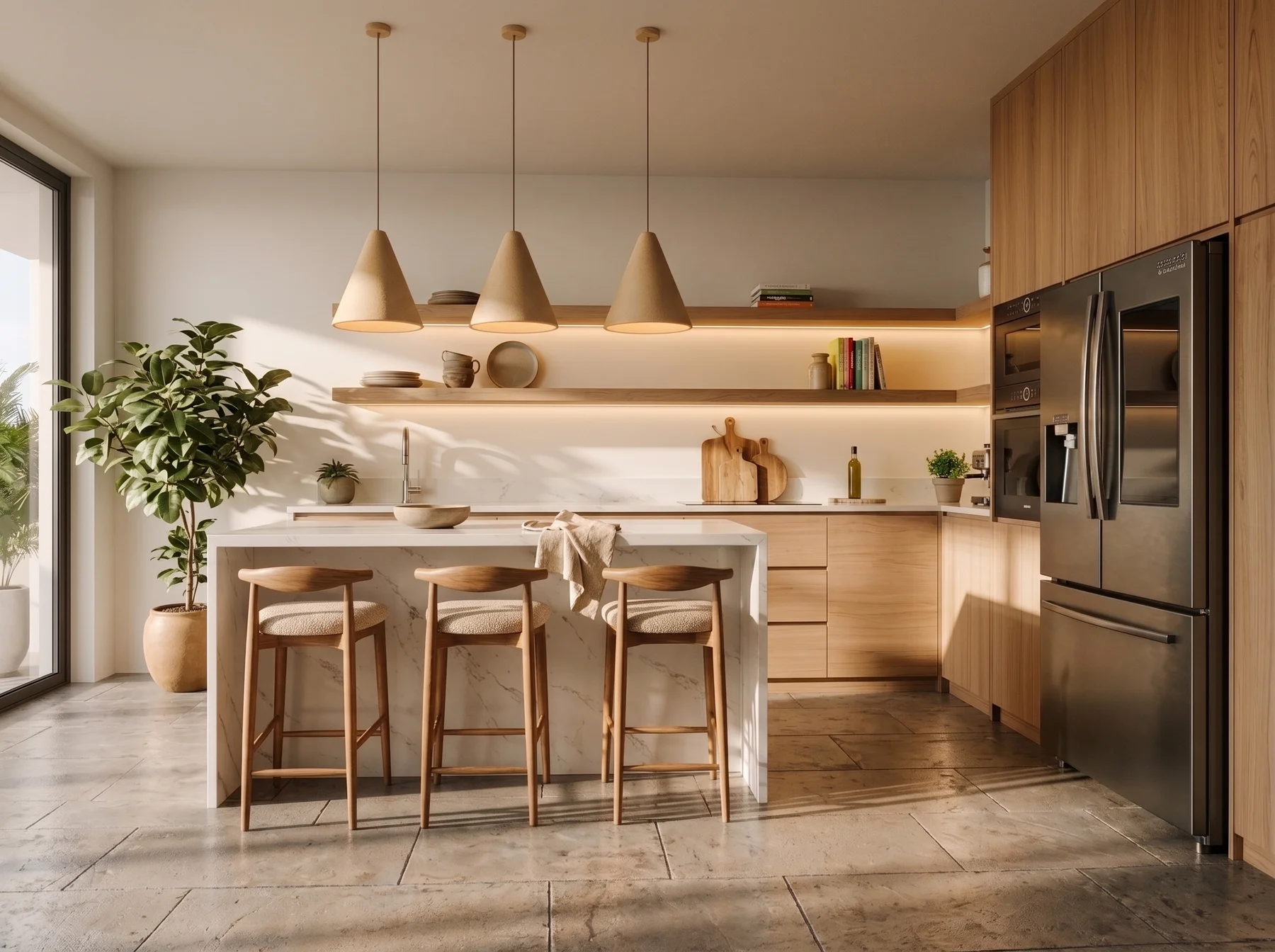 Visualización 3D de una cocina con isla y acabados en madera